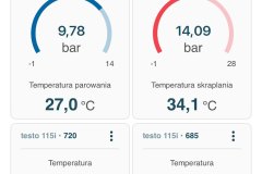 Pomiar przed naprawą chillera: ciśnienia 9,78 i 14,09 bar, brak wyrównania ciśnień
