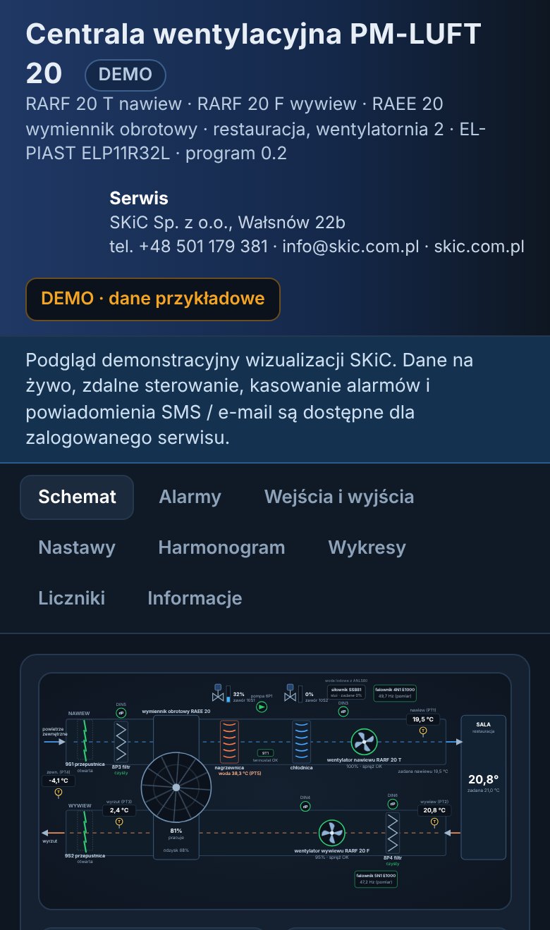 Wizualizacja centrali wentylacyjnej na telefonie, widok w przeglądarce