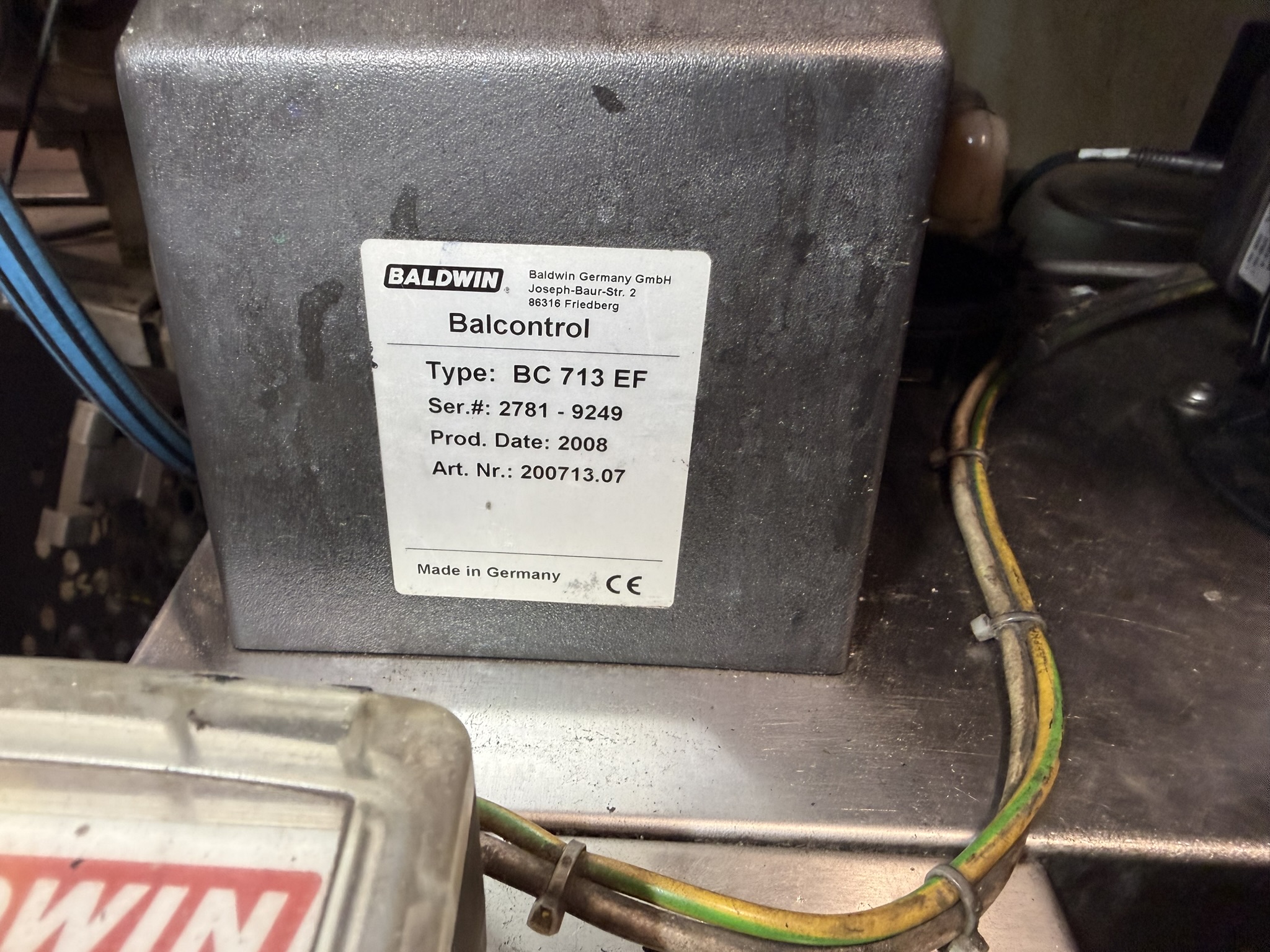 Tabliczka znamionowa nawilżacza Baldwin BasicLiner 2.0 L, czynnik R134a 1,2 kg, zasilanie 400 V, rok produkcji 2008