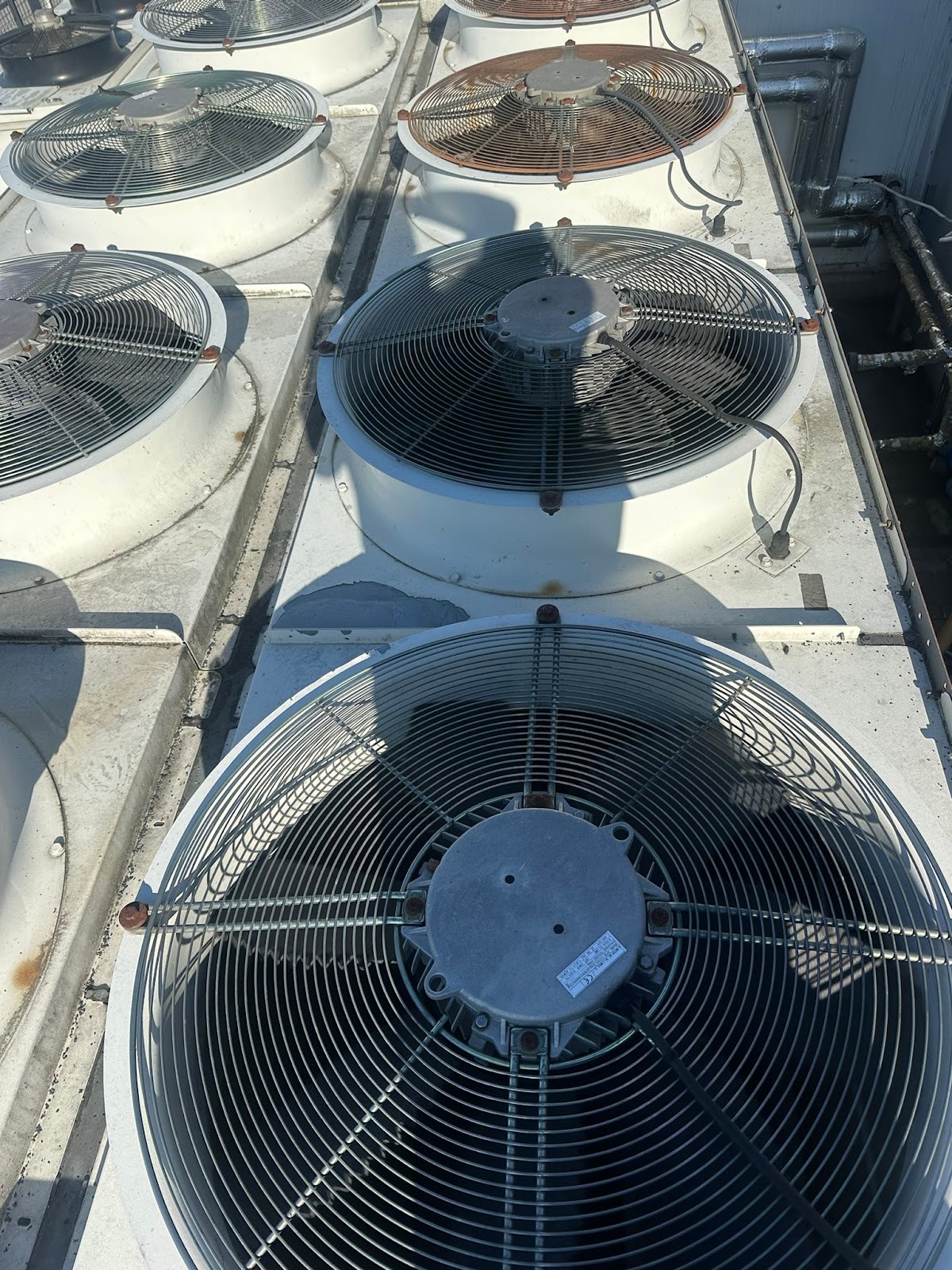 Wentylatory skraplacza chillera Trane CGAN 210 w zakładzie przetwórstwa tworzyw