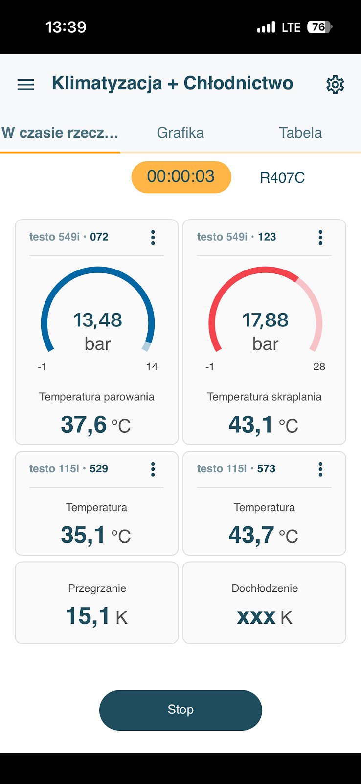 Chiller nie chłodzi wody: pomiar ciśnień w usterce, ssanie 13,48 bar i parowanie 37,6 °C