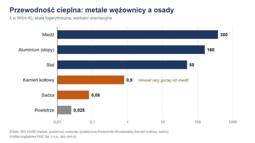 Wykres przewodności cieplnej miedzi, aluminium i osadów: dlaczego zabrudzona nagrzewnica w centrali grzeje słabiej