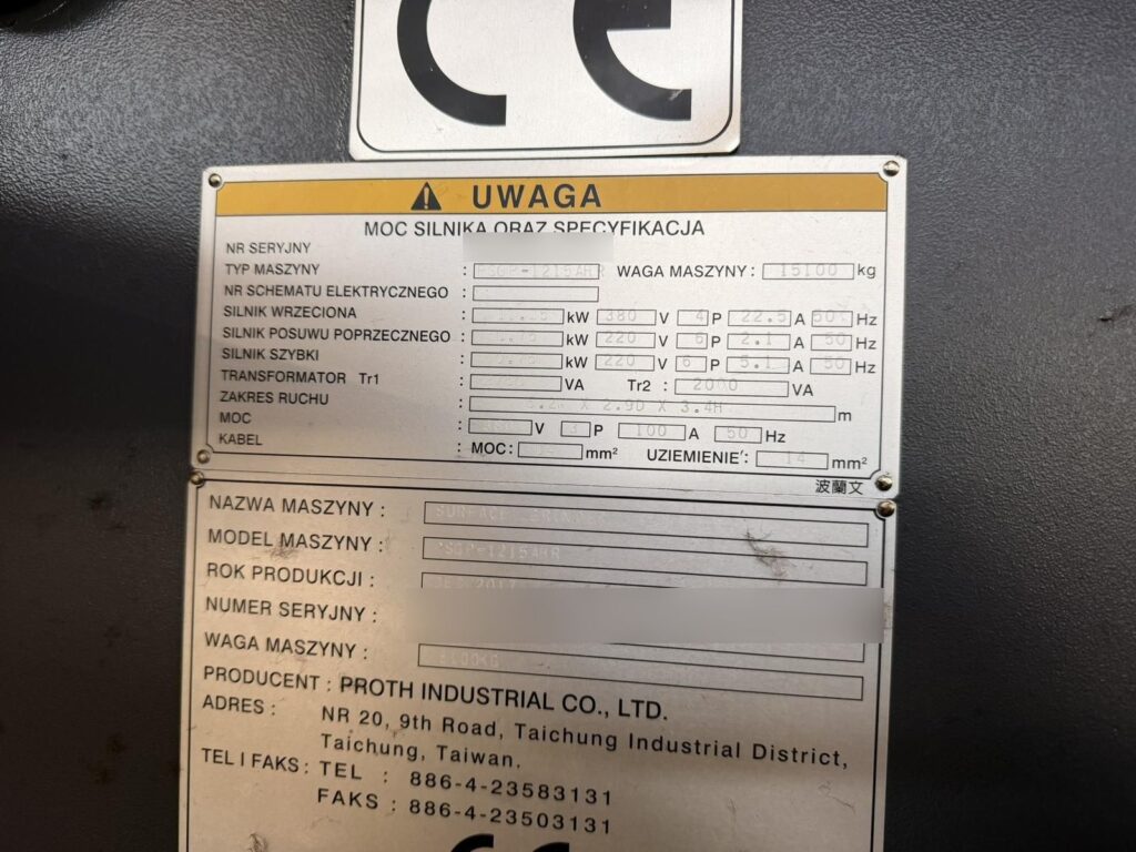 Tabliczka znamionowa szlifierki bramowej PROTH PSGP-1215 AHR z 2017 roku o masie 15 100 kg